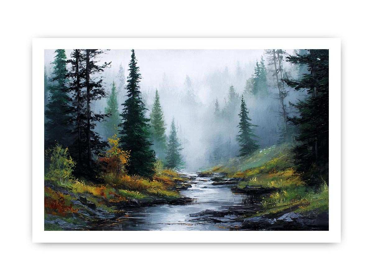 Misty forest stream landscape canvas art for calm modern living room decor.