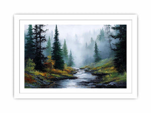 Misty forest stream landscape canvas art for calm modern living room decor.