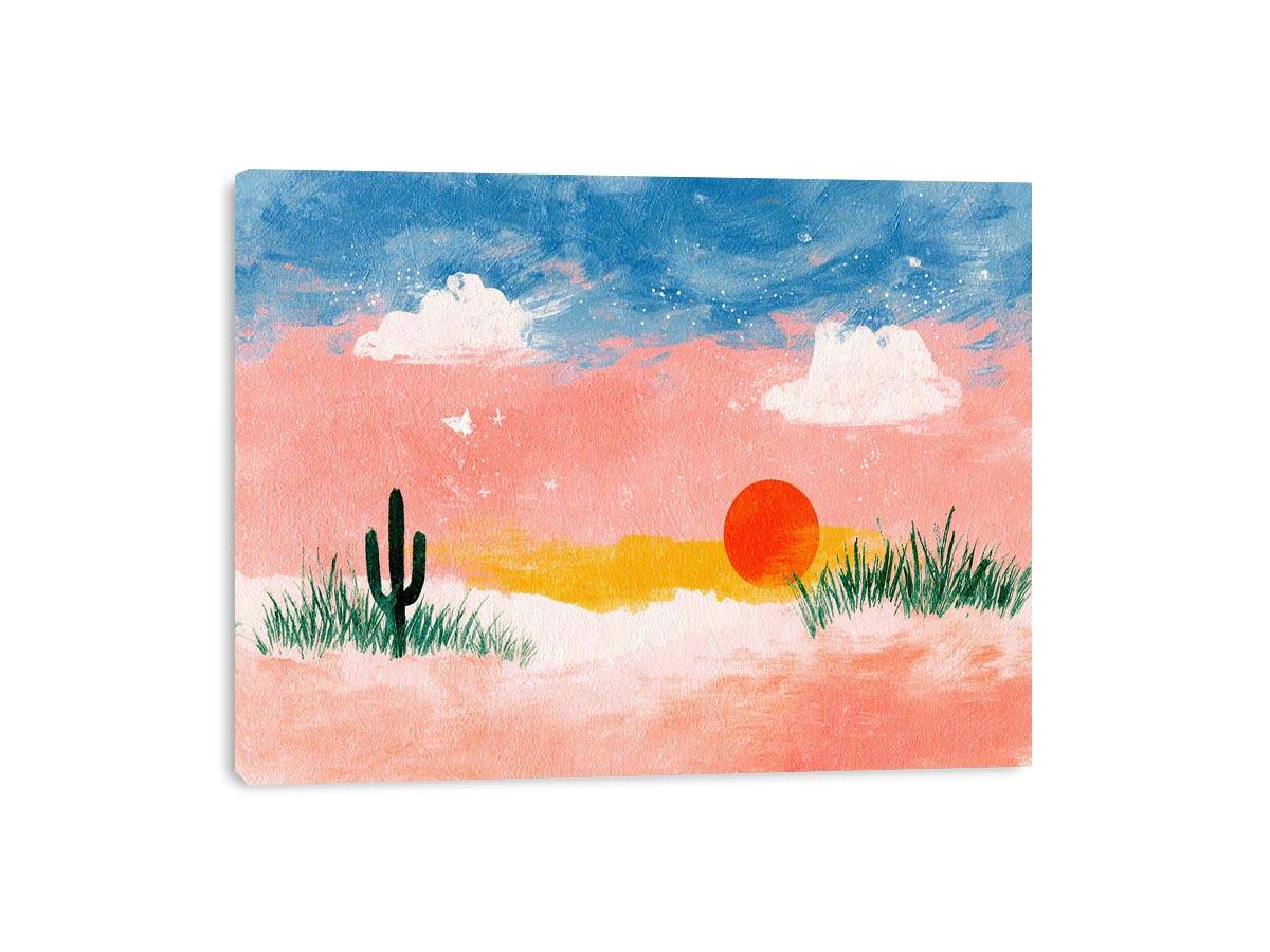 Pastel desert sunset canvas art with cactus for cheerful bedroom or nursery decor.