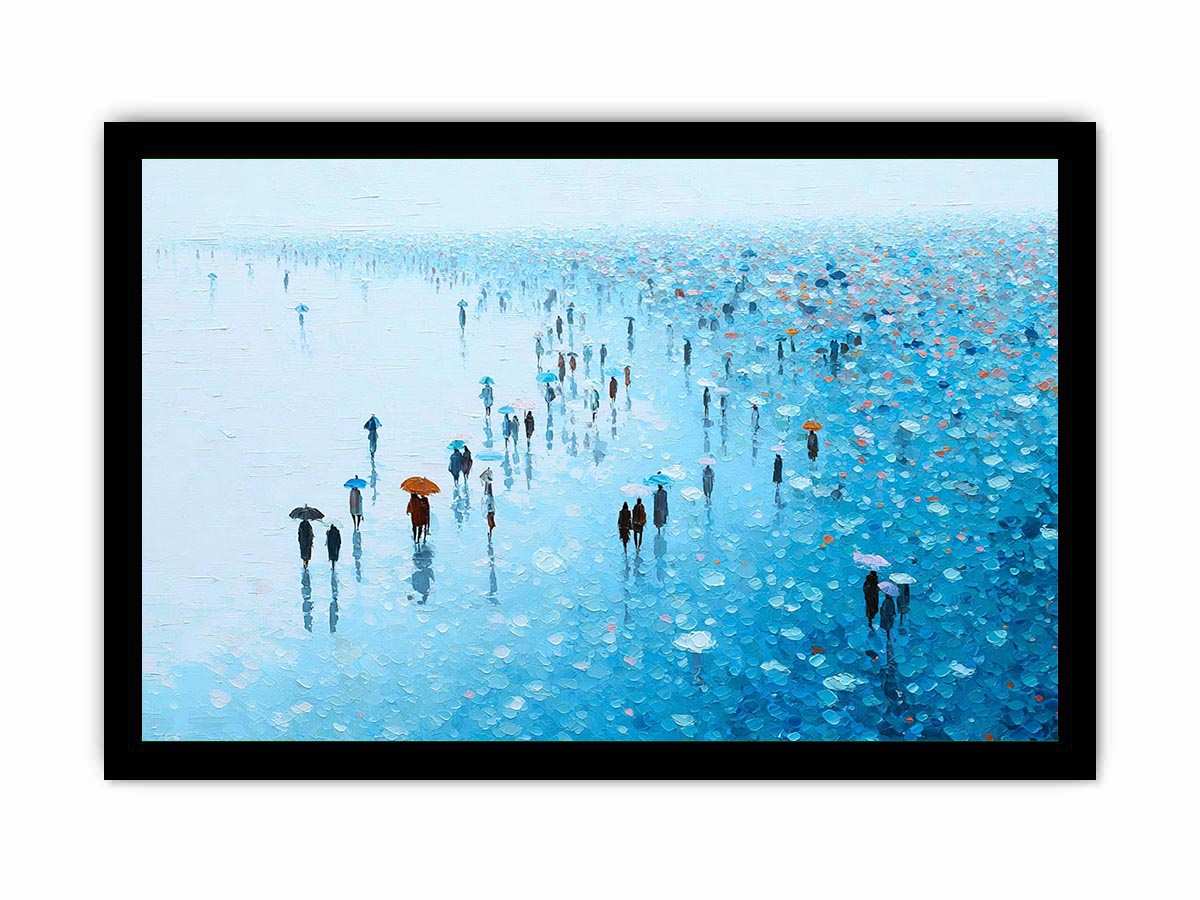 Blue rainy cityscape canvas art with umbrellas for refined modern living room decor.