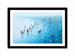Blue rainy cityscape canvas art with umbrellas for refined modern living room decor.