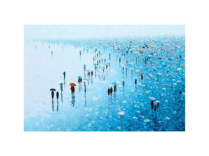 Blue rainy cityscape canvas art with umbrellas for refined modern living room decor.