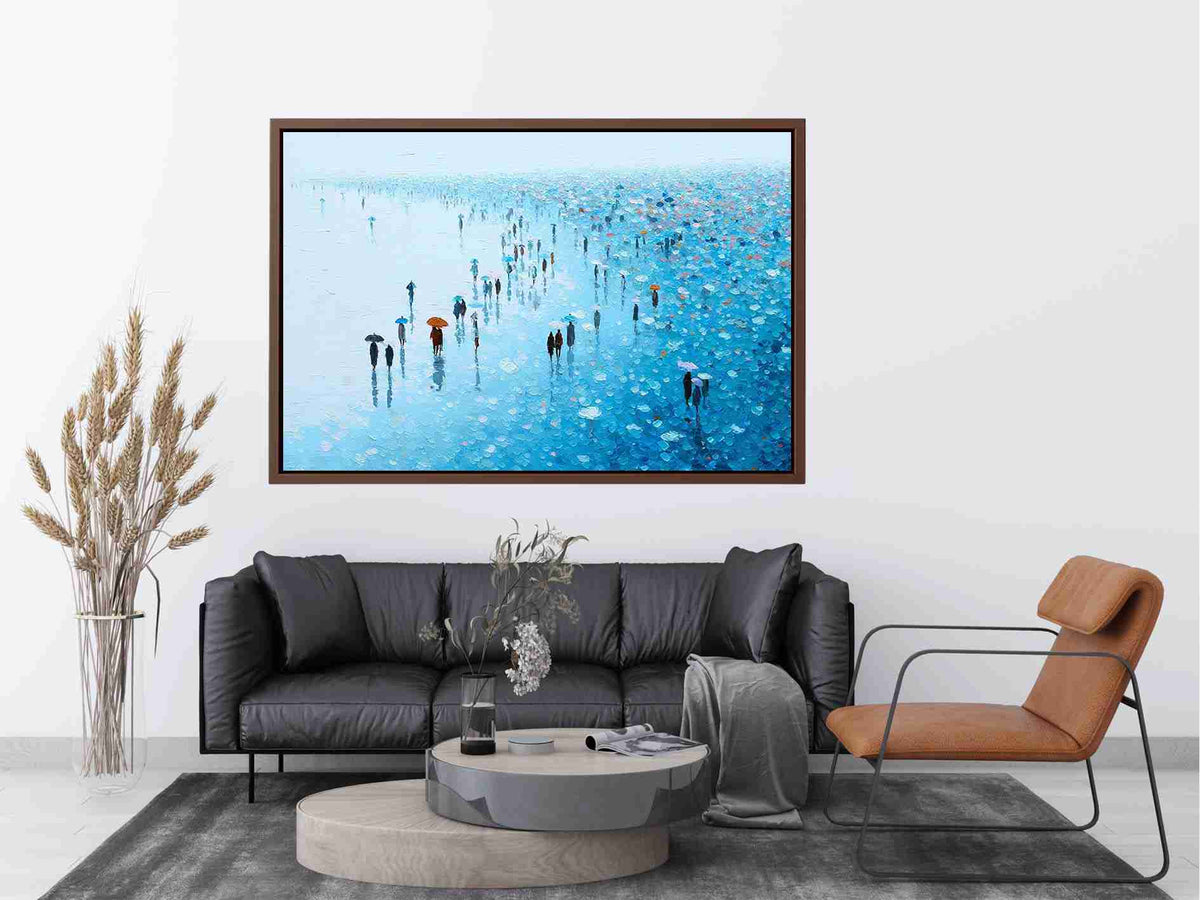 Blue rainy cityscape canvas art with umbrellas for refined modern living room decor.