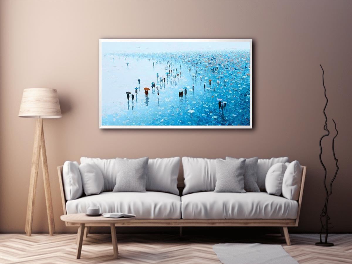 Blue rainy cityscape canvas art with umbrellas for refined modern living room decor.
