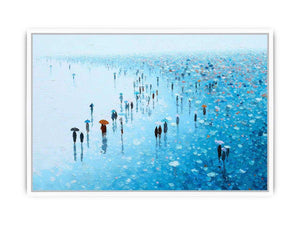 Blue rainy cityscape canvas art with umbrellas for refined modern living room decor.