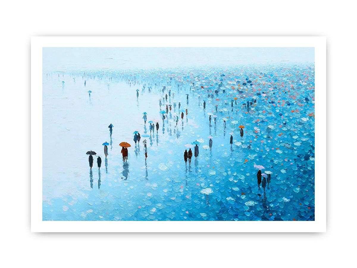 Blue rainy cityscape canvas art with umbrellas for refined modern living room decor.