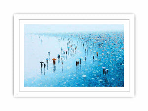 Blue rainy cityscape canvas art with umbrellas for refined modern living room decor.