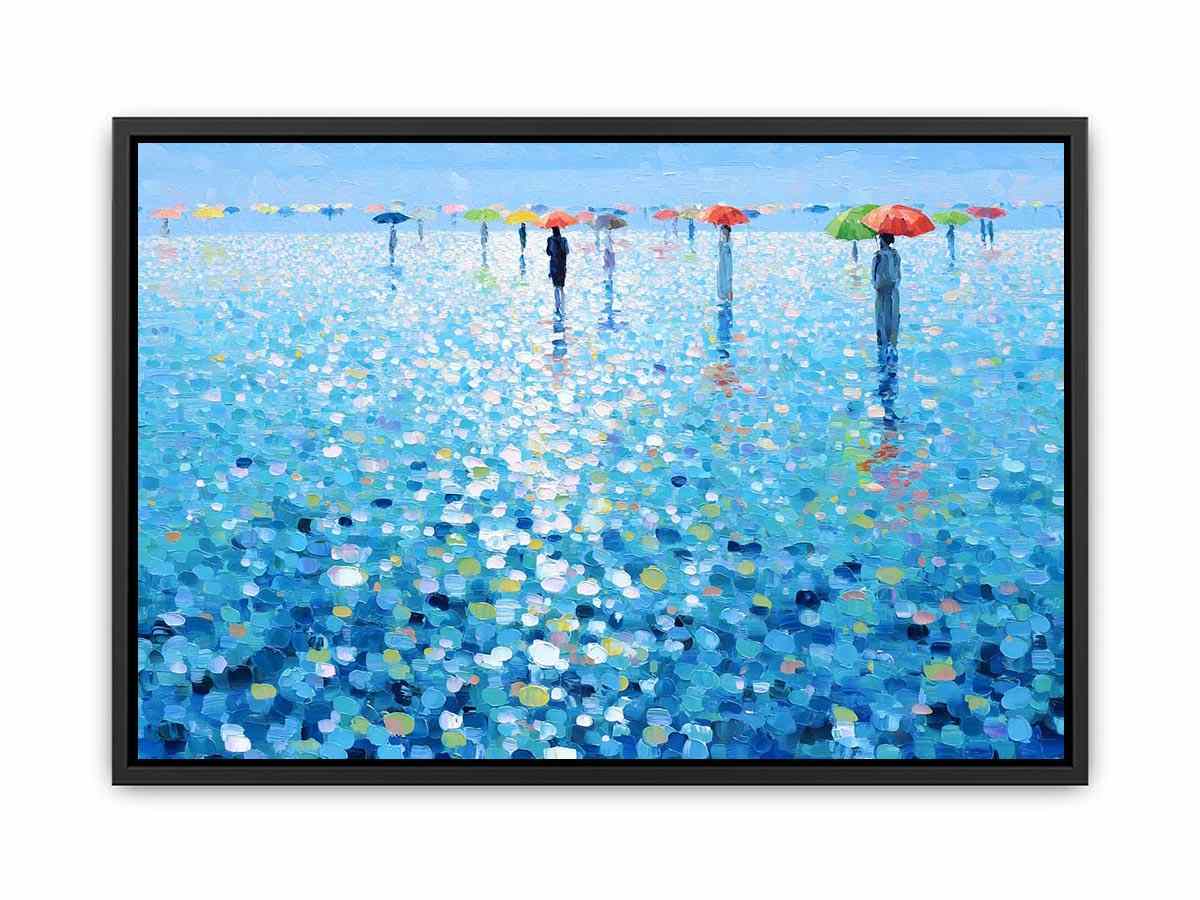 Colorful umbrella rain canvas art with blue reflections for modern living room decor.