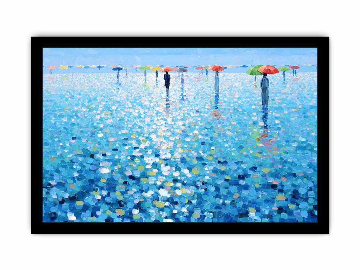 Colorful umbrella rain canvas art with blue reflections for modern living room decor.