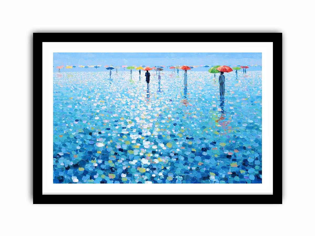 Colorful umbrella rain canvas art with blue reflections for modern living room decor.