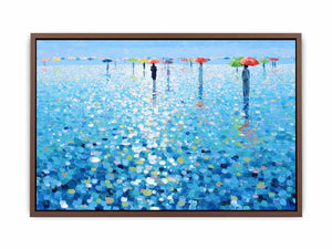 Colorful umbrella rain canvas art with blue reflections for modern living room decor.