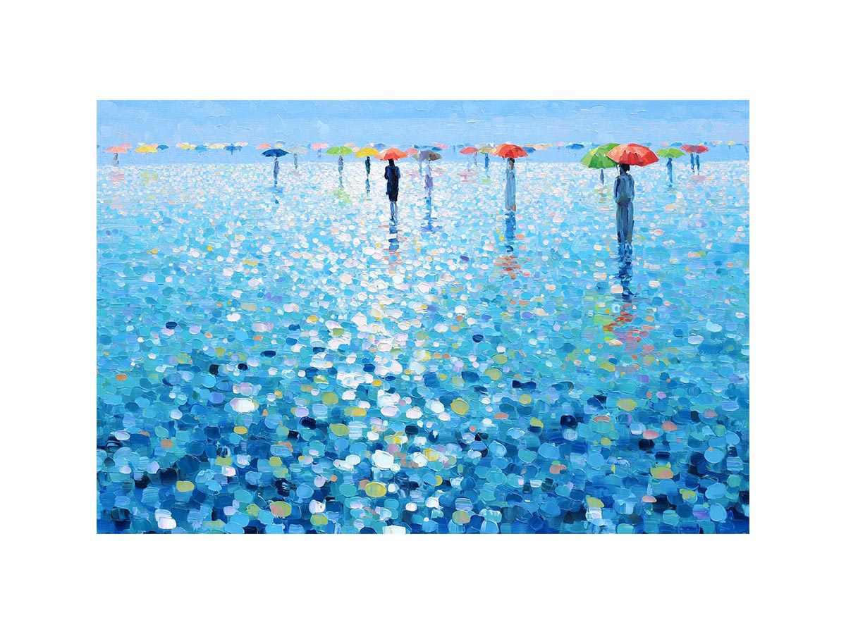 Colorful umbrella rain canvas art with blue reflections for modern living room decor.