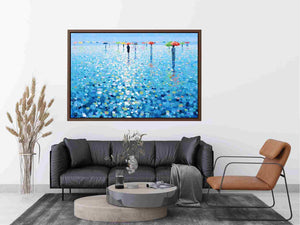 Colorful umbrella rain canvas art with blue reflections for modern living room decor.