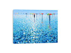 Colorful umbrella rain canvas art with blue reflections for modern living room decor.
