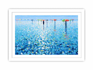 Colorful umbrella rain canvas art with blue reflections for modern living room decor.