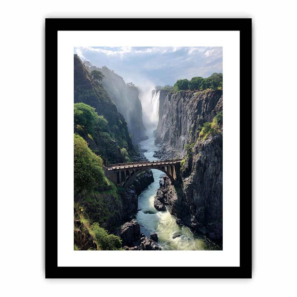 Vertical waterfall canyon photography print with bridge for dramatic entryway wall decor.