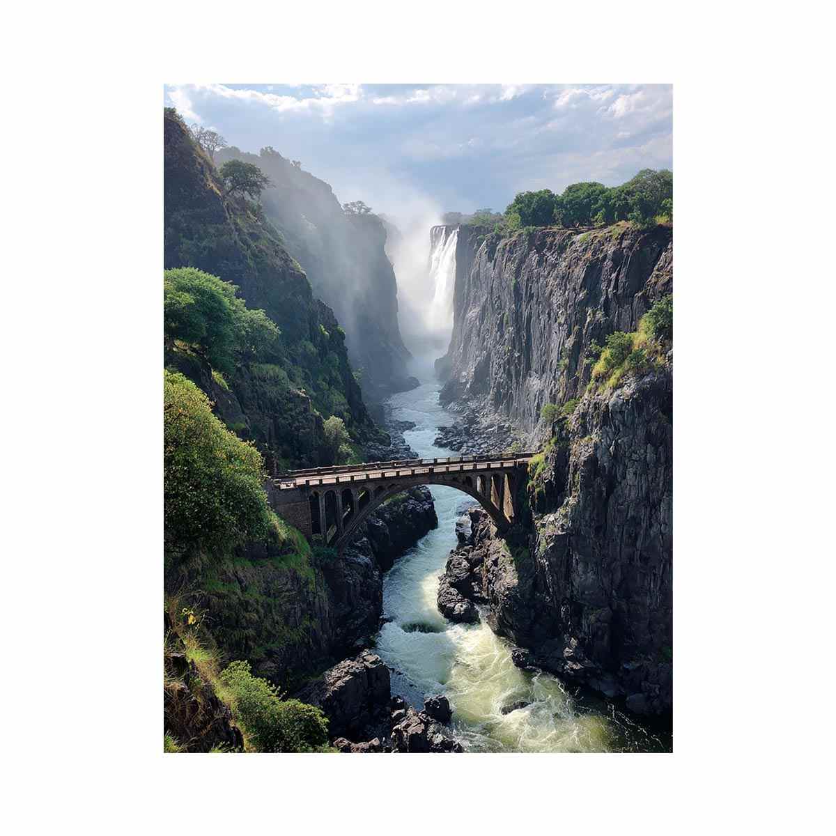 Vertical waterfall canyon photography print with bridge for dramatic entryway wall decor.