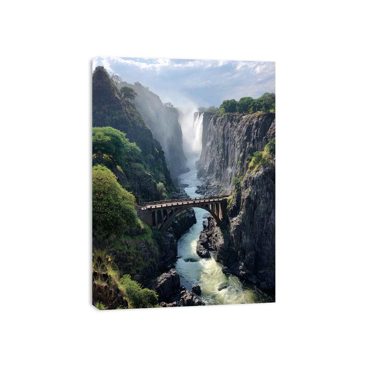 Vertical waterfall canyon photography print with bridge for dramatic entryway wall decor.