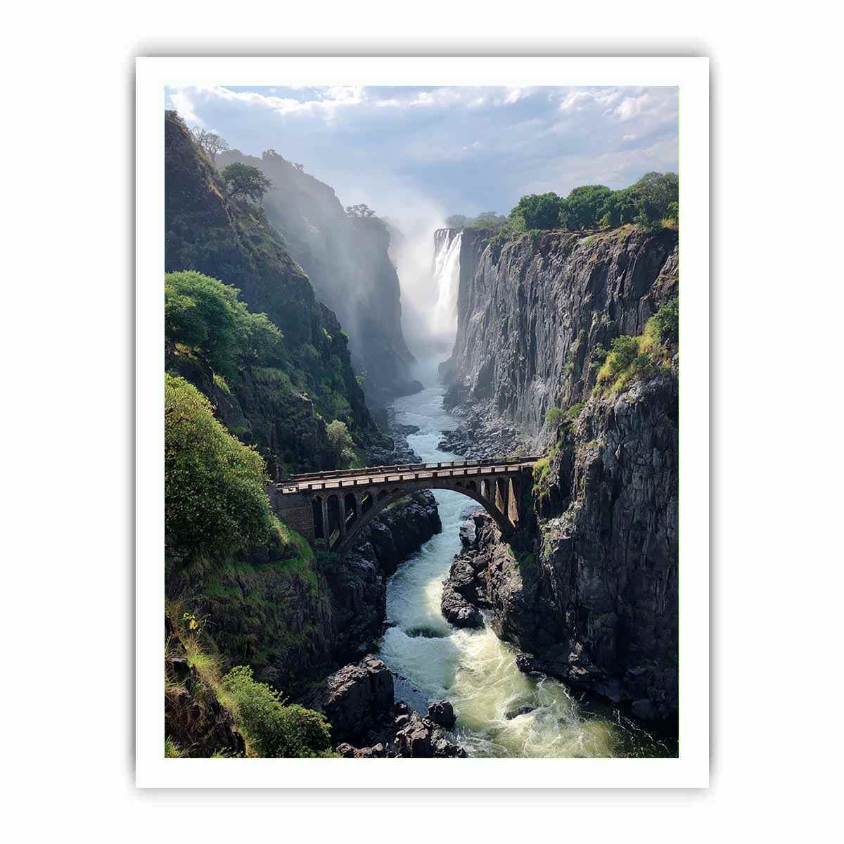 Vertical waterfall canyon photography print with bridge for dramatic entryway wall decor.