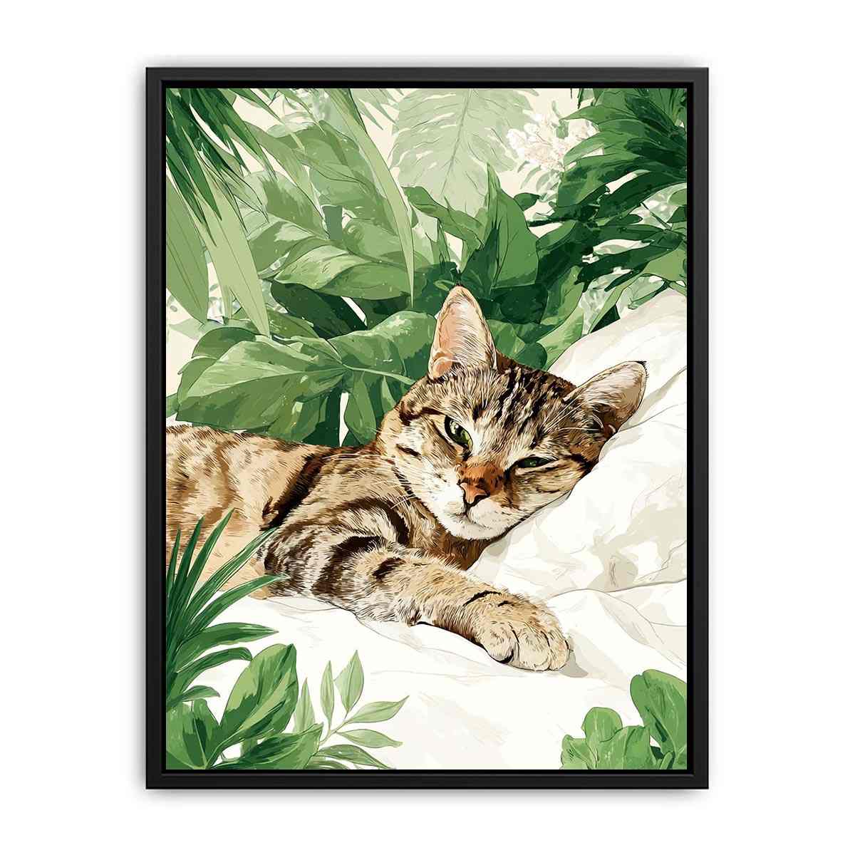 Botanical tabby cat canvas art with tropical leaves for cozy bedroom decor.
