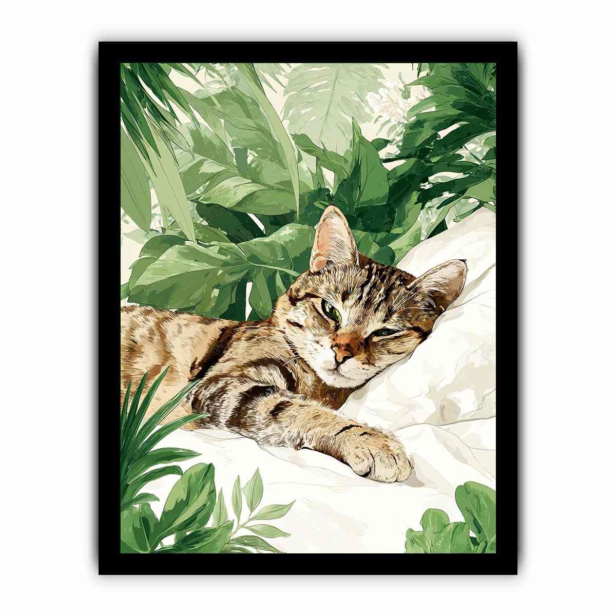 Botanical tabby cat canvas art with tropical leaves for cozy bedroom decor.