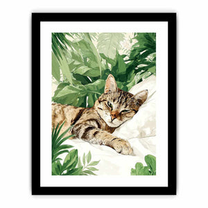 Botanical tabby cat canvas art with tropical leaves for cozy bedroom decor.
