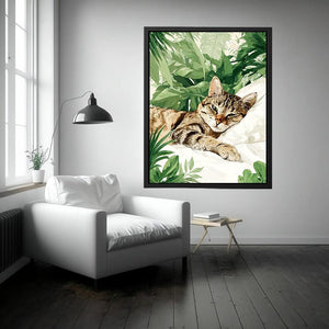 Botanical tabby cat canvas art with tropical leaves for cozy bedroom decor.
