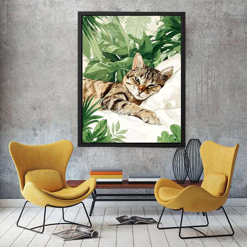 Botanical tabby cat canvas art with tropical leaves for cozy bedroom decor.