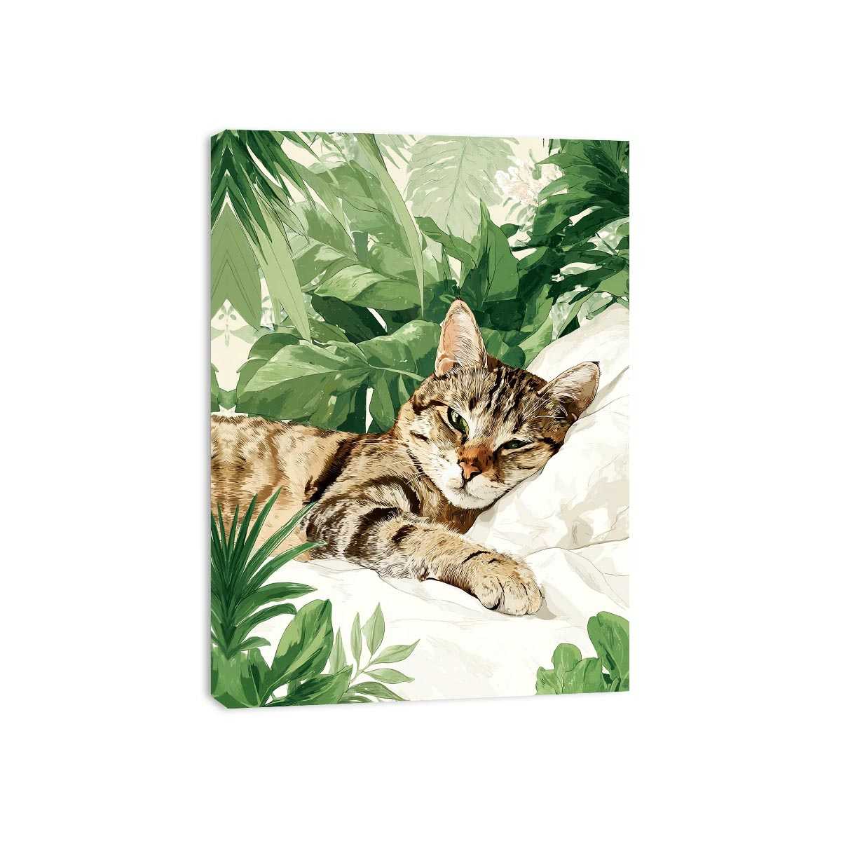 Botanical tabby cat canvas art with tropical leaves for cozy bedroom decor.