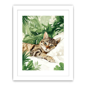 Botanical tabby cat canvas art with tropical leaves for cozy bedroom decor.