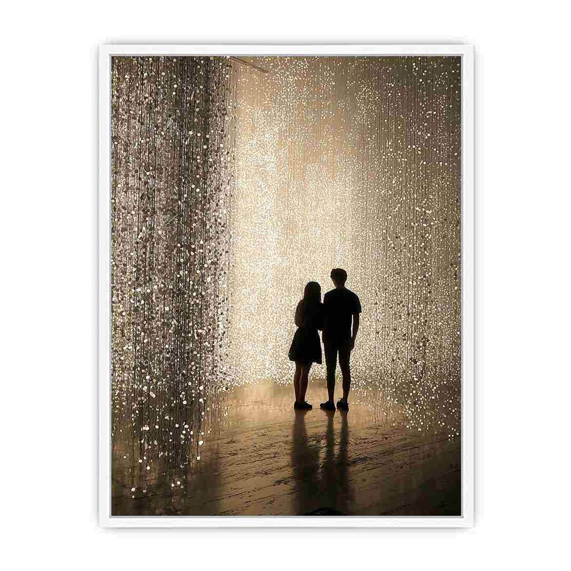 Glowing light installation photography canvas with couple silhouettes for luxury hallway decor.