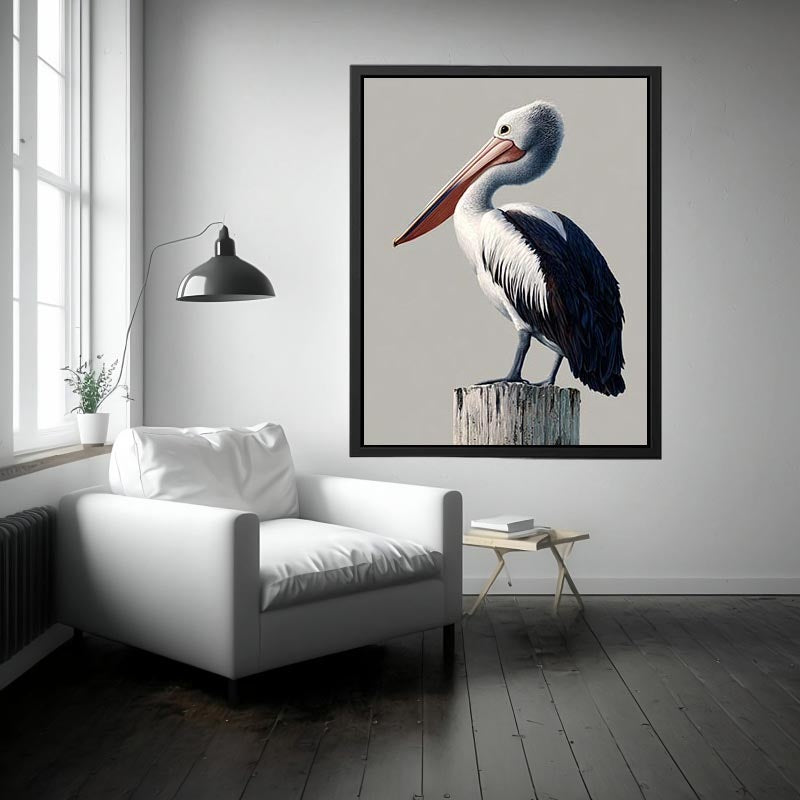 Realistic pelican bird canvas art for coastal living room or office wall decor.