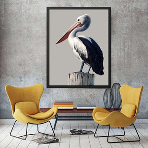 Realistic pelican bird canvas art for coastal living room or office wall decor.