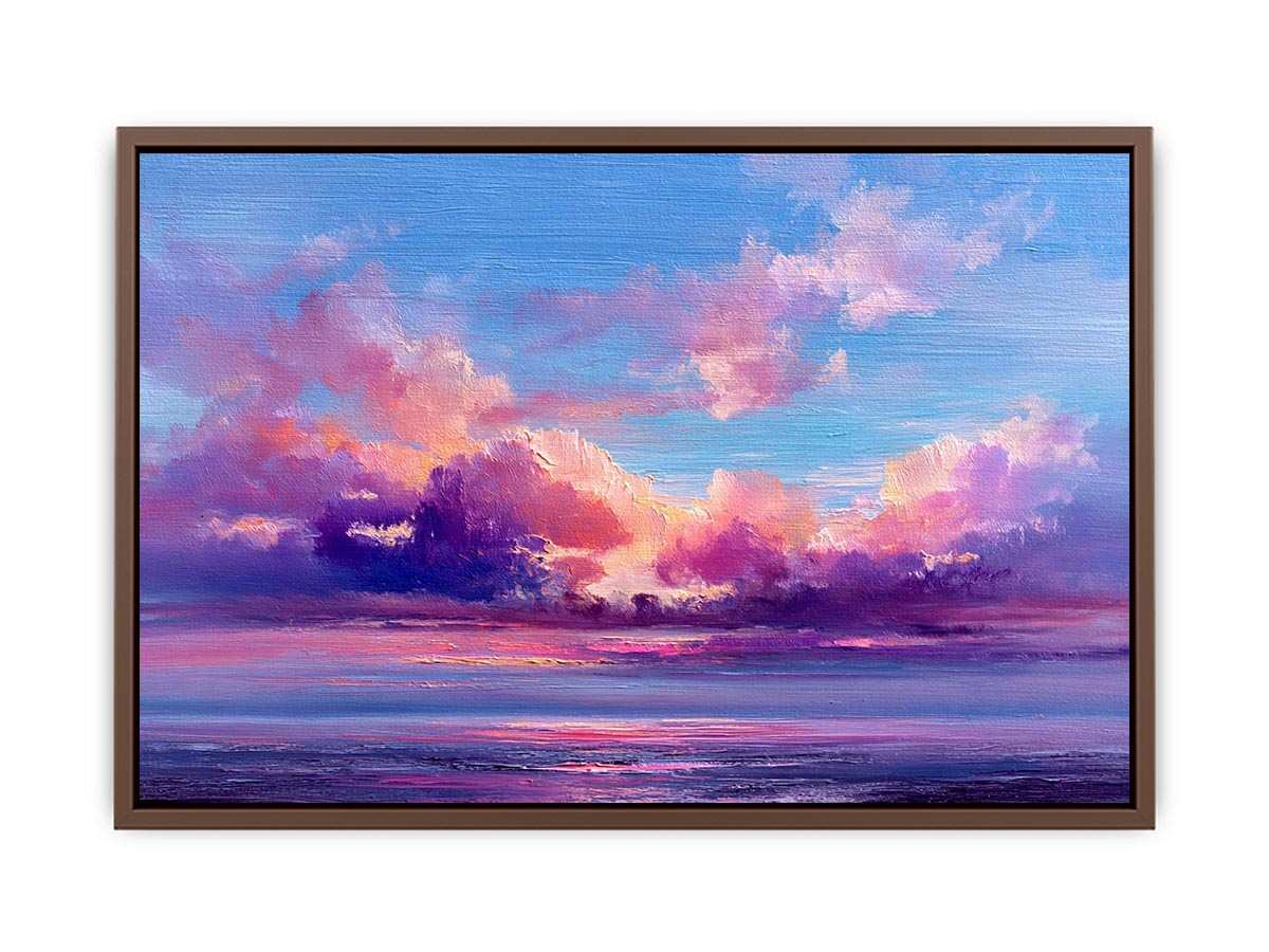Pink and blue coastal cloud canvas art for dreamy bedroom or living room decor.