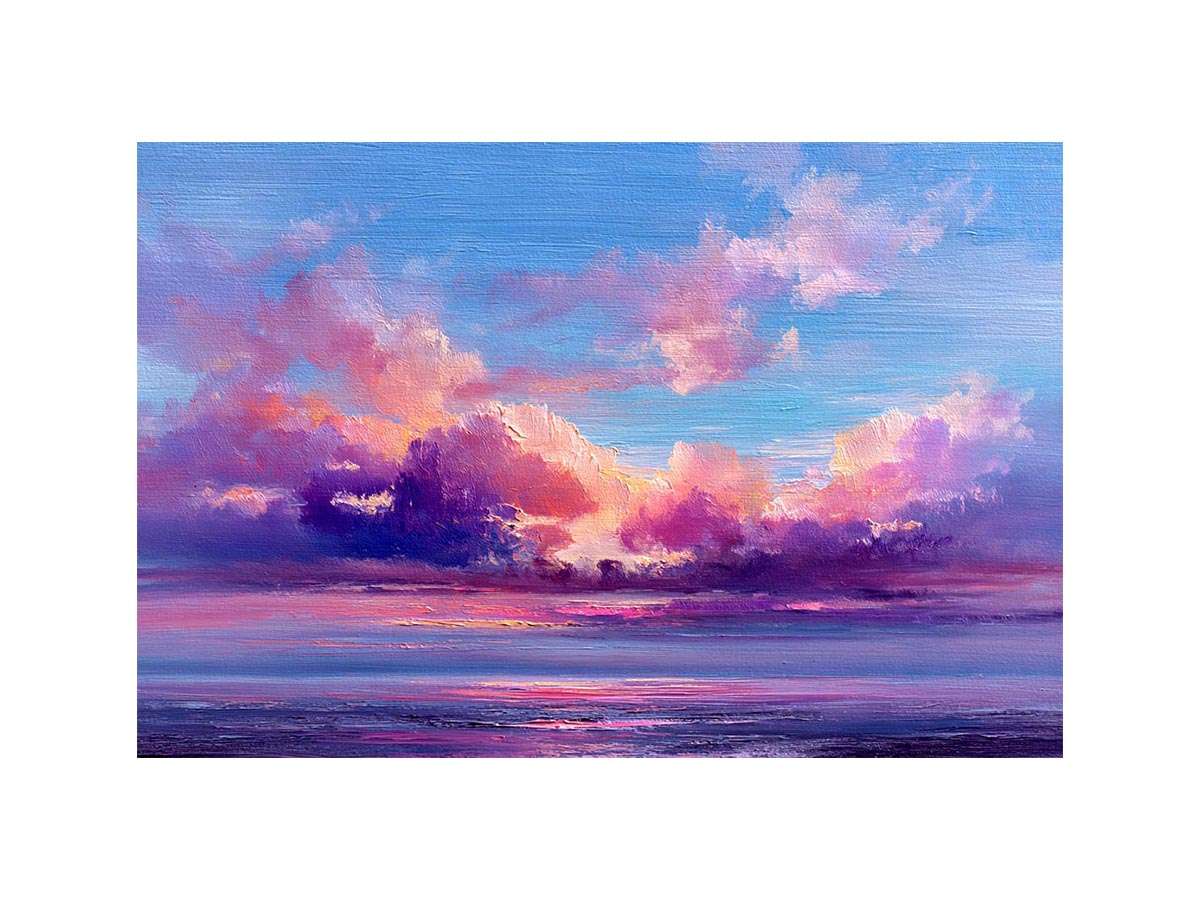 Pink and blue coastal cloud canvas art for dreamy bedroom or living room decor.