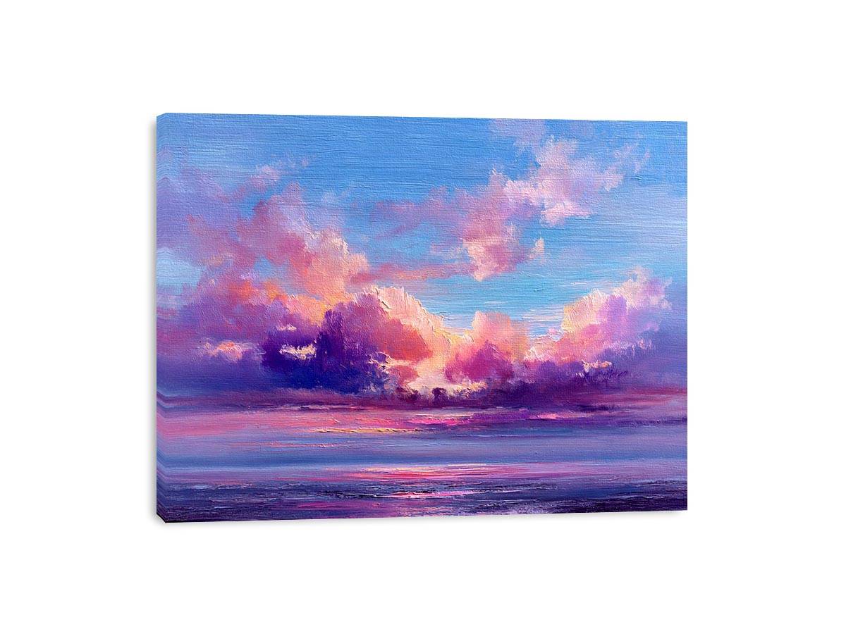 Pink and blue coastal cloud canvas art for dreamy bedroom or living room decor.