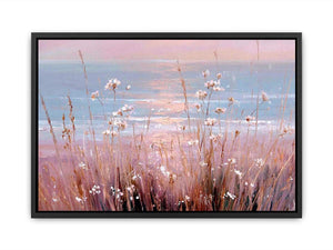 Soft coastal wildflower canvas art for pastel bedroom or living room decor.