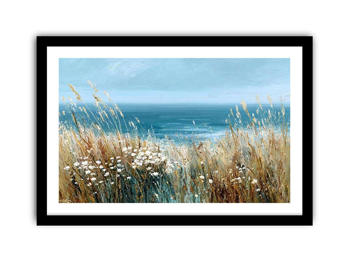 Turquoise coastal grass canvas art for beach house living room wall decor.