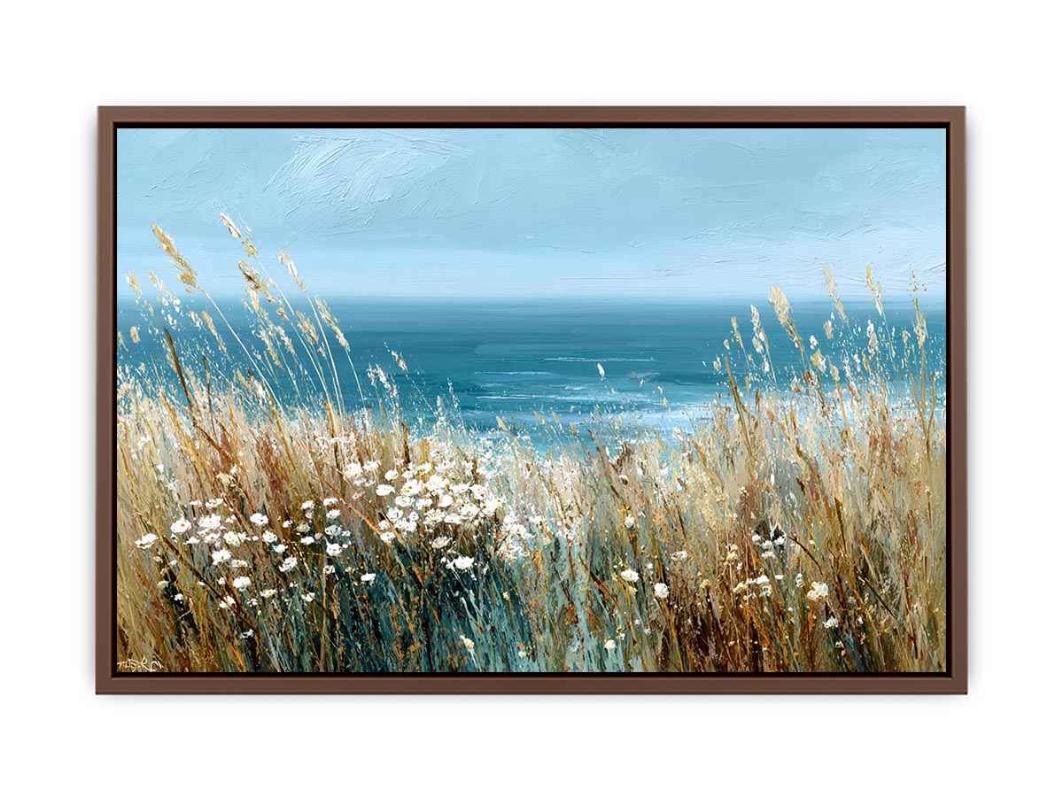 Turquoise coastal grass canvas art for beach house living room wall decor.