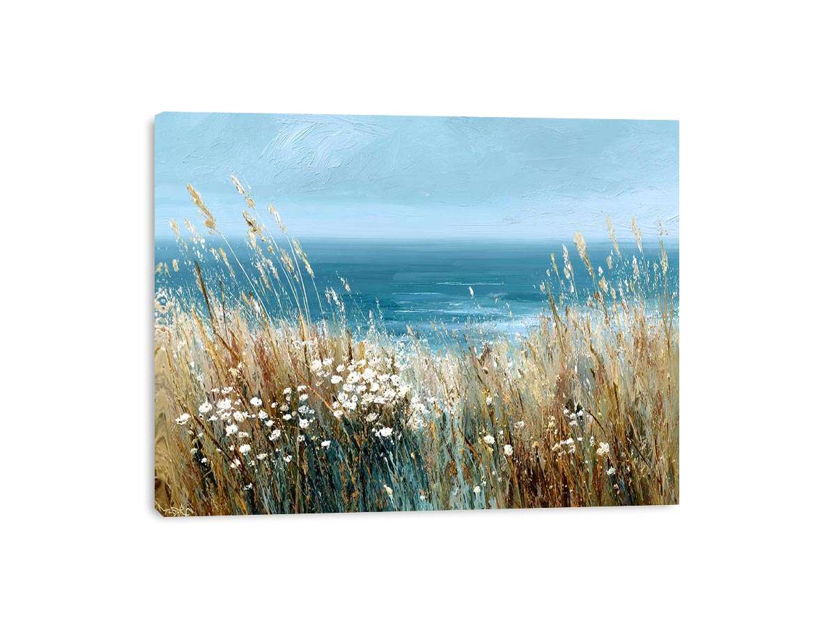Turquoise coastal grass canvas art for beach house living room wall decor.