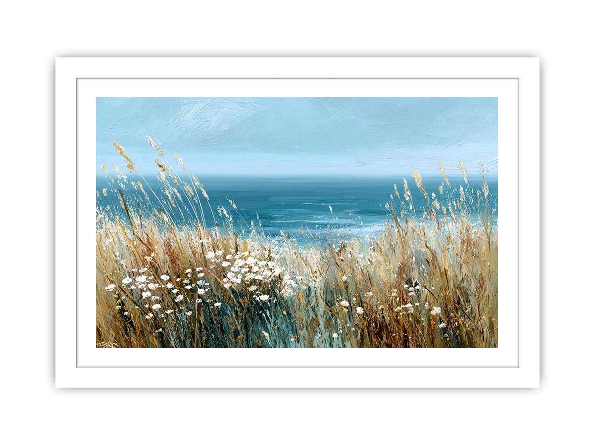 Turquoise coastal grass canvas art for beach house living room wall decor.