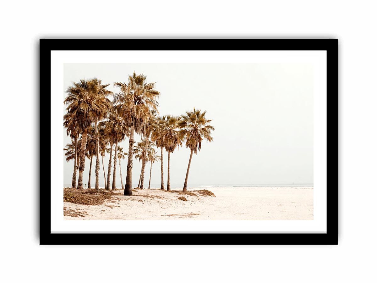 Neutral palm beach photography canvas art for coastal living room decor.