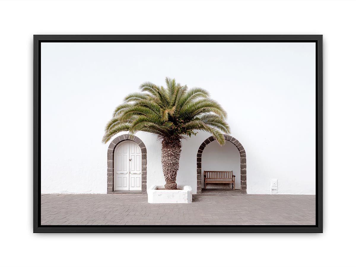 Minimal Mediterranean palm arch canvas art for modern entryway wall decor.