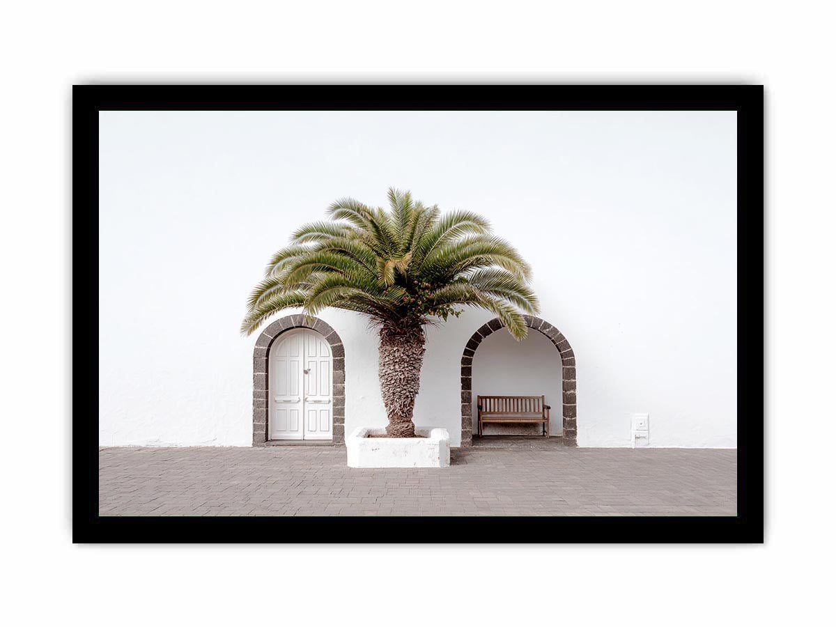Minimal Mediterranean palm arch canvas art for modern entryway wall decor.
