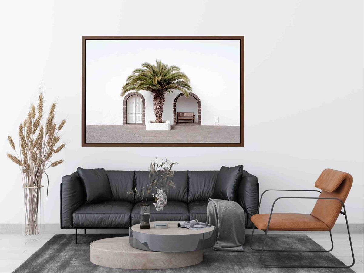 Minimal Mediterranean palm arch canvas art for modern entryway wall decor.