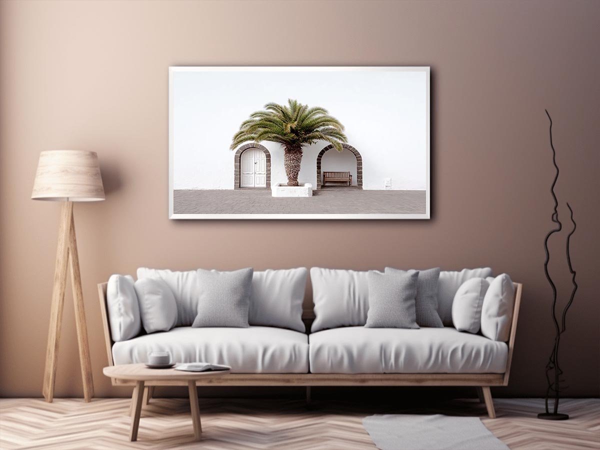 Minimal Mediterranean palm arch canvas art for modern entryway wall decor.