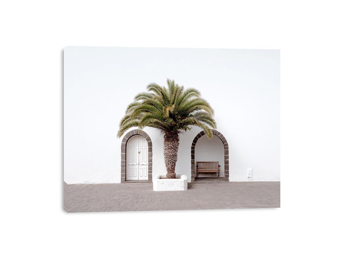 Minimal Mediterranean palm arch canvas art for modern entryway wall decor.
