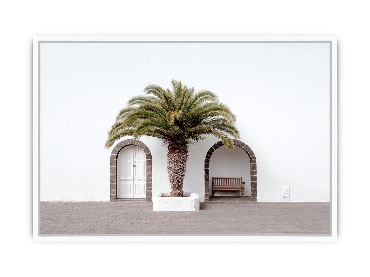 Minimal Mediterranean palm arch canvas art for modern entryway wall decor.