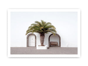 Minimal Mediterranean palm arch canvas art for modern entryway wall decor.