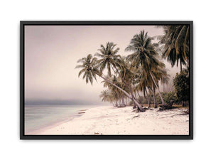 Misty tropical palm beach canvas art for soft coastal bedroom decor.